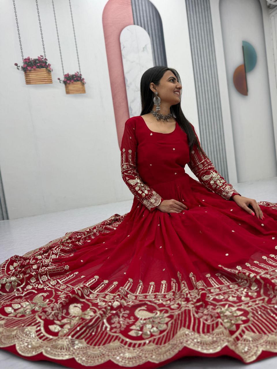 Ruby Red Fox Georgette Embroidered Anarkali Gown With Dupatta
