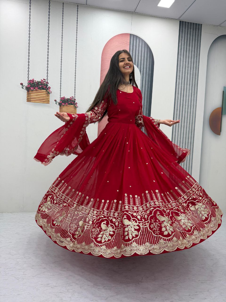 Ruby Red Fox Georgette Embroidered Anarkali Gown With Dupatta