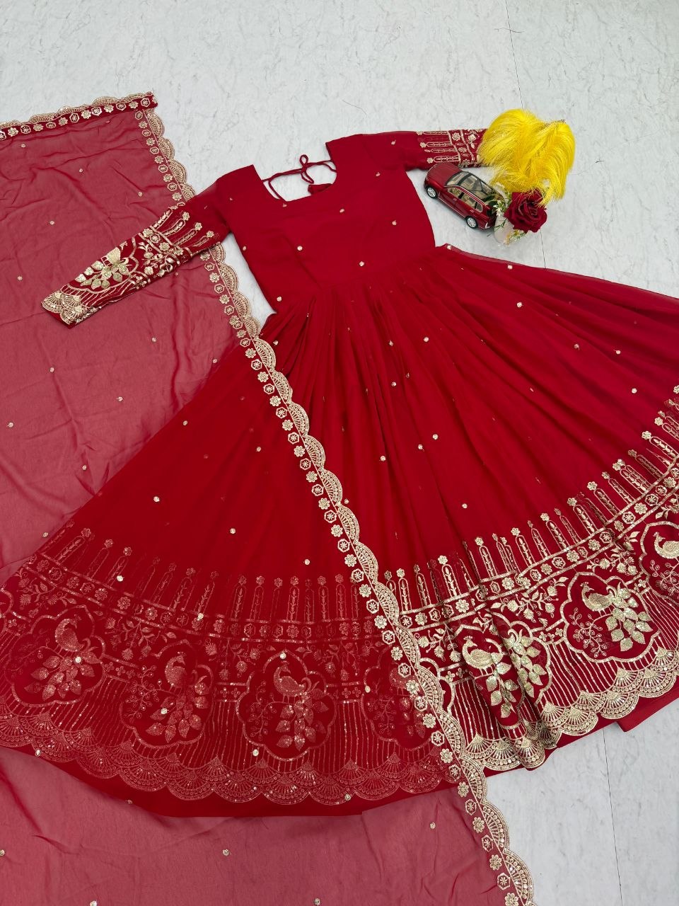 Ruby Red Fox Georgette Embroidered Anarkali Gown With Dupatta