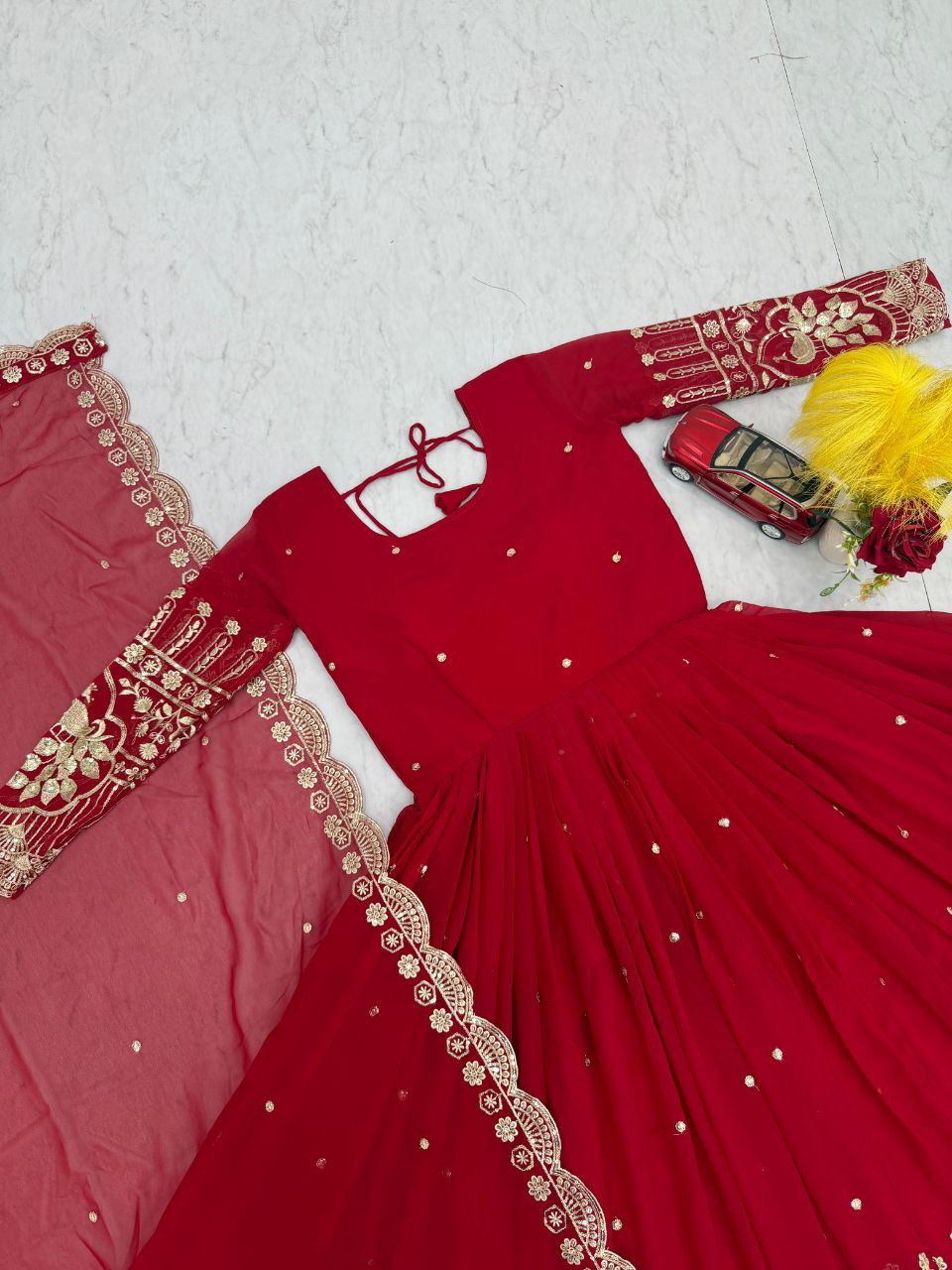 Ruby Red Fox Georgette Embroidered Anarkali Gown With Dupatta