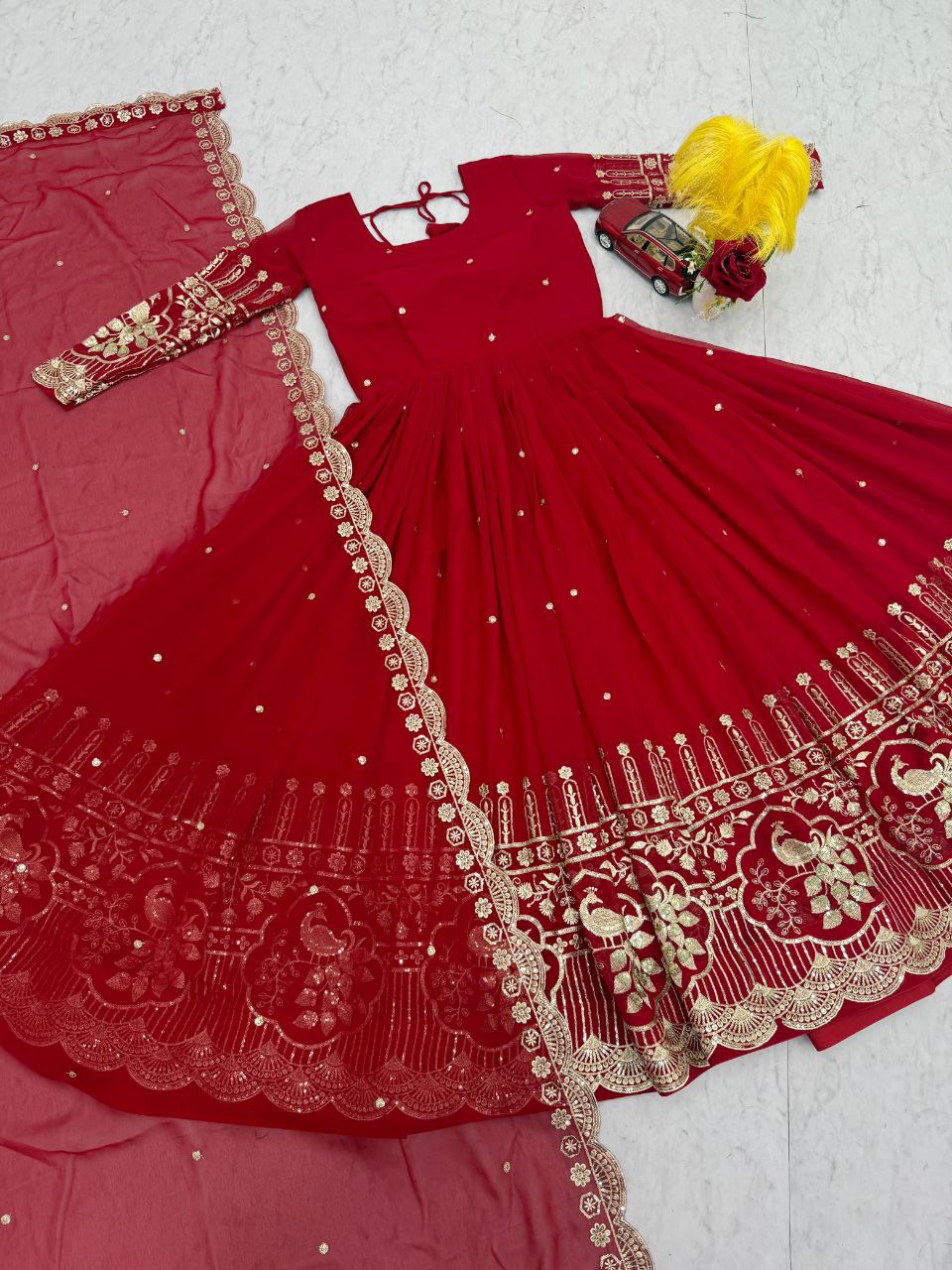 Ruby Red Fox Georgette Embroidered Anarkali Gown With Dupatta