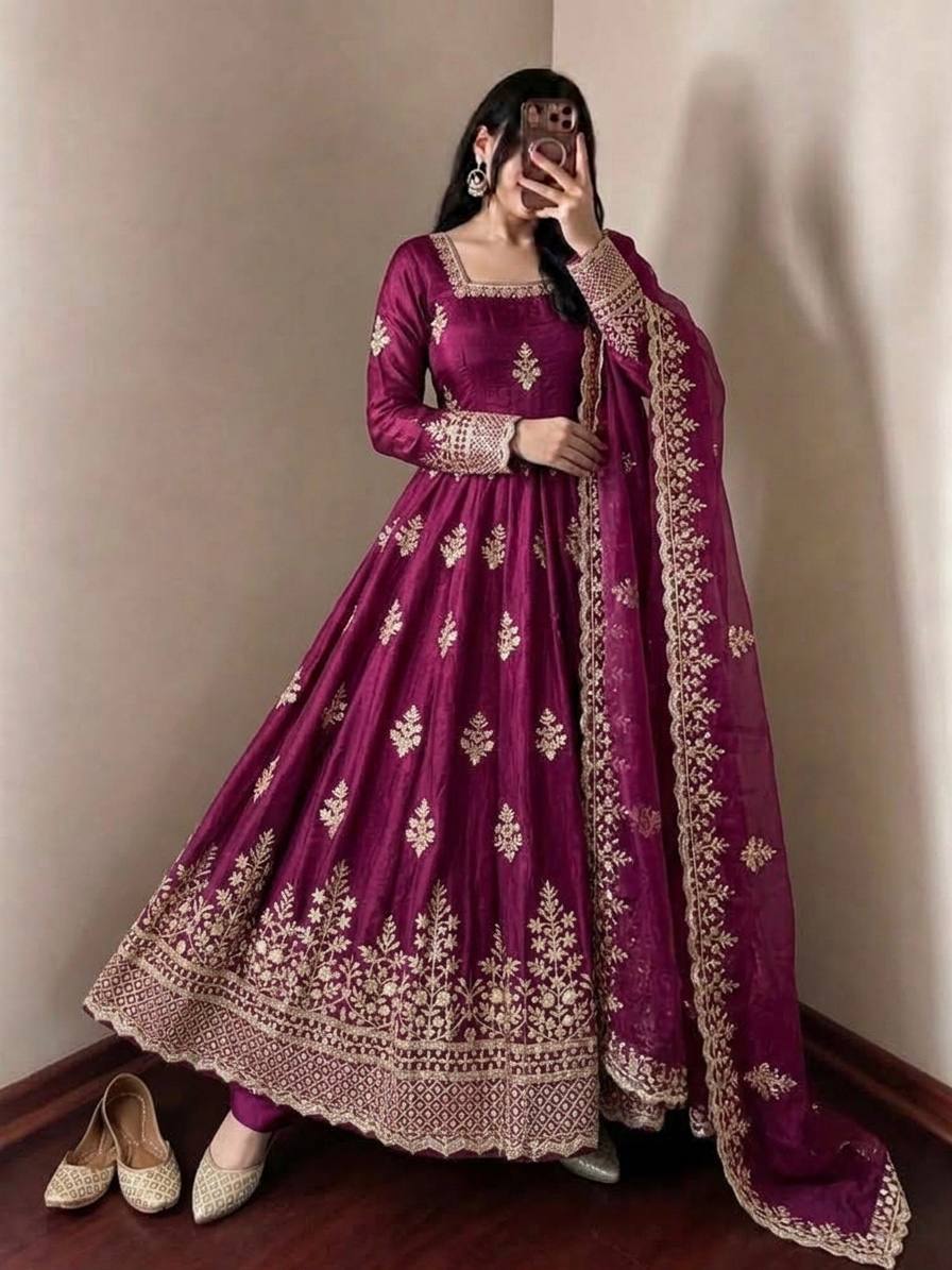 Wine Burgundy Fendy Silk Embroidered Anarkali Gown Set with Dupatta