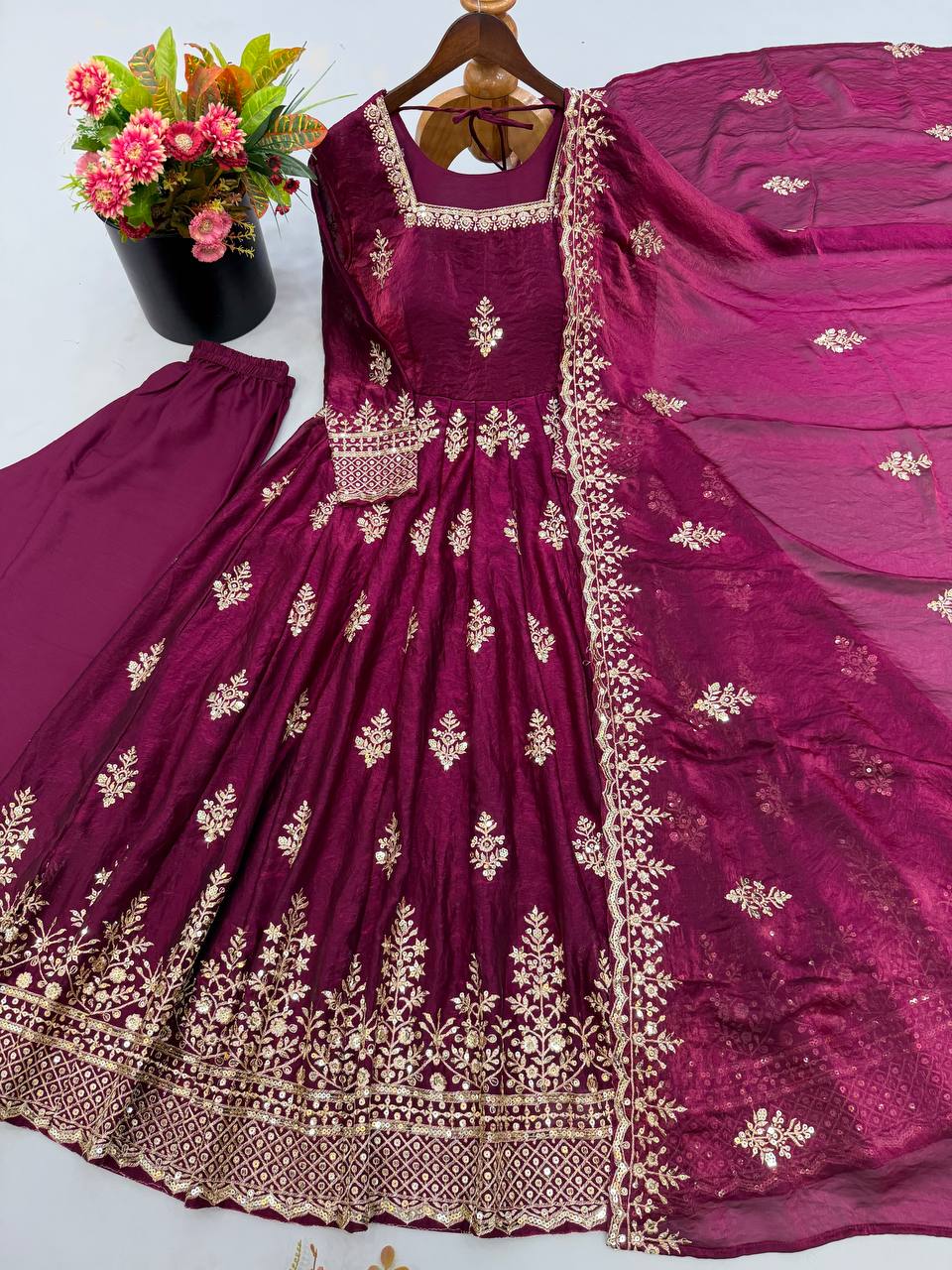 Wine Burgundy Fendy Silk Embroidered Anarkali Gown Set with Dupatta