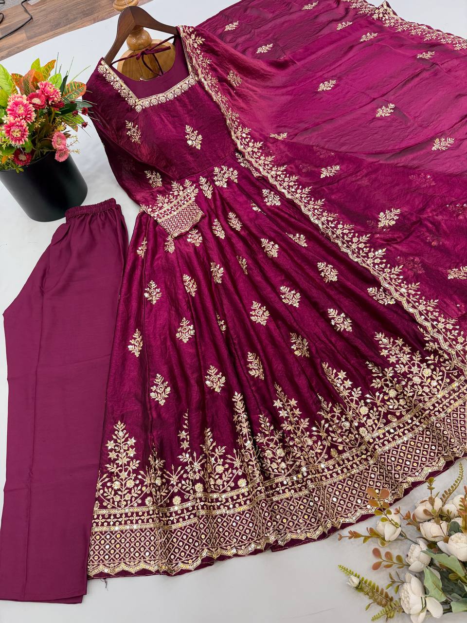 Wine Burgundy Fendy Silk Embroidered Anarkali Gown Set with Dupatta