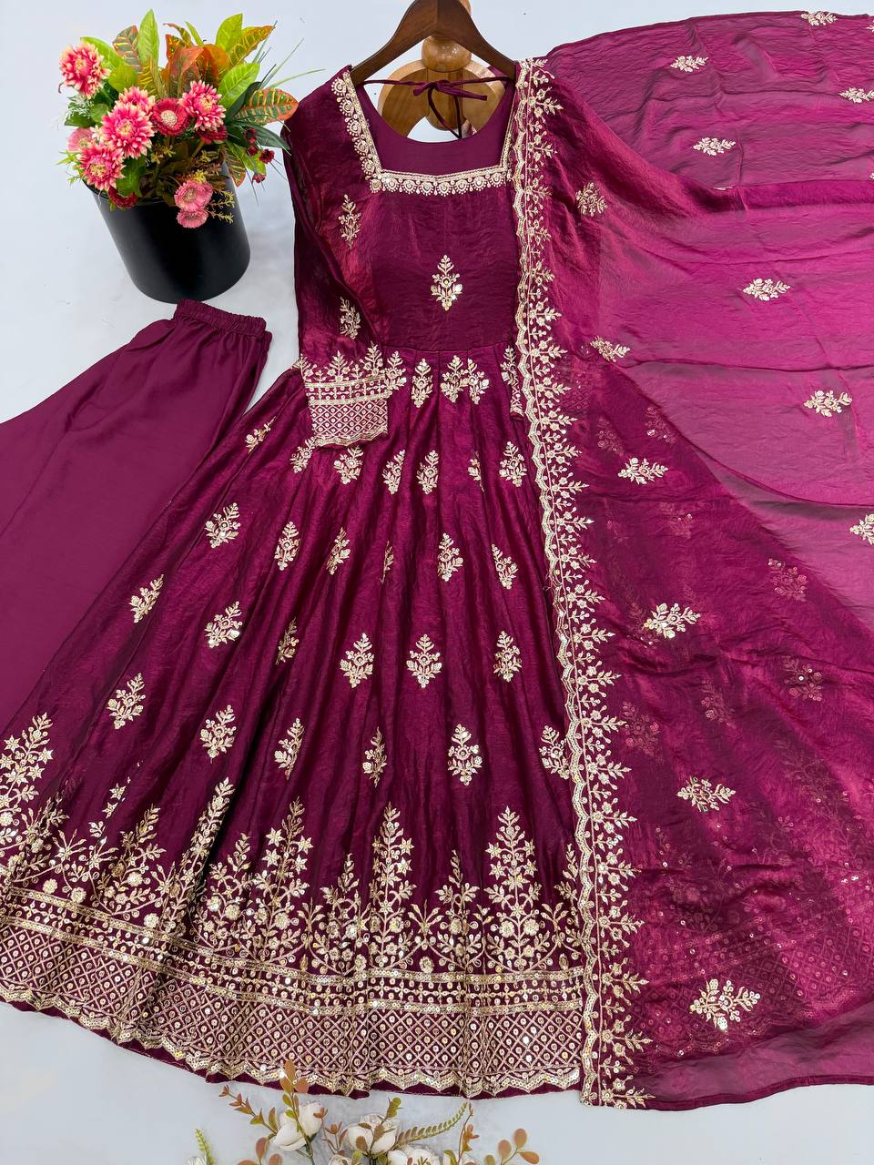 Wine Burgundy Fendy Silk Embroidered Anarkali Gown Set with Dupatta