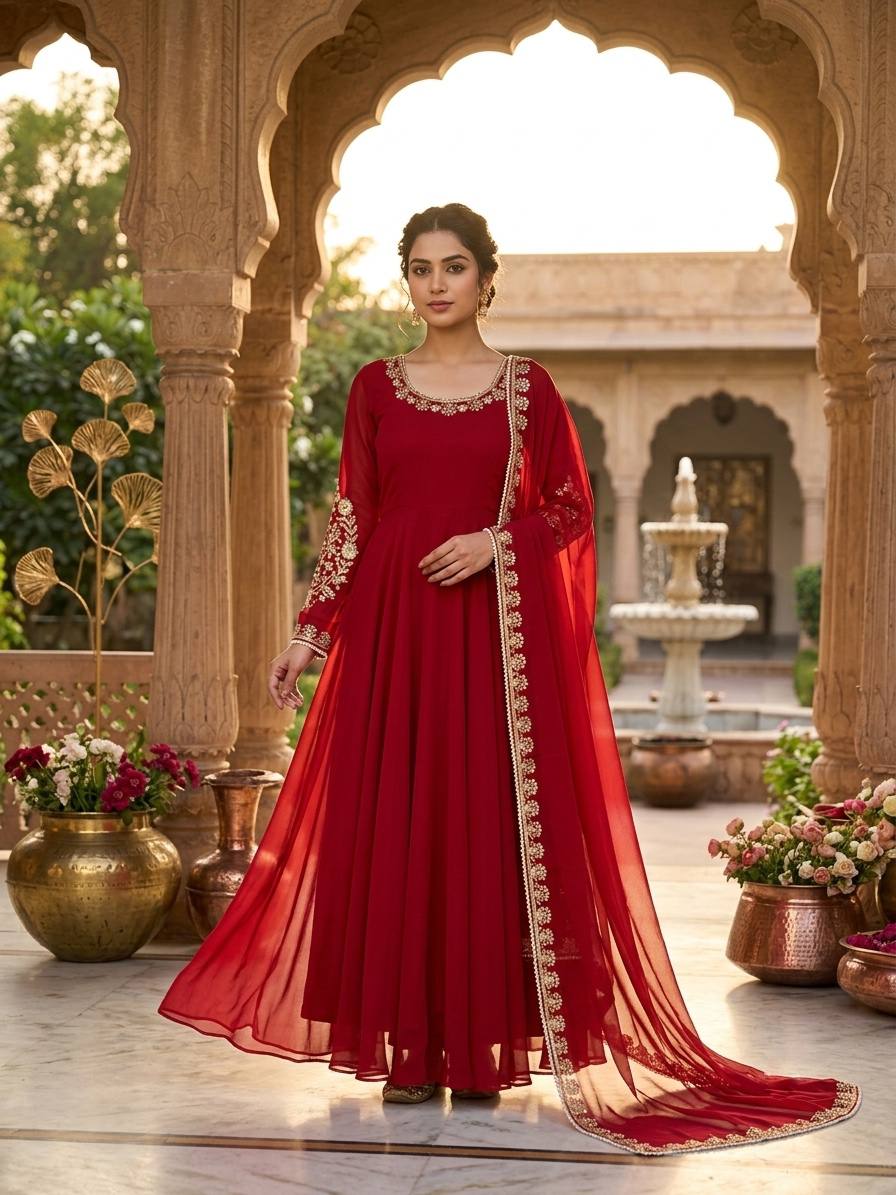 Ruby Red Fox Georgette Embroidered Anarkali Gown Set with Dupatta