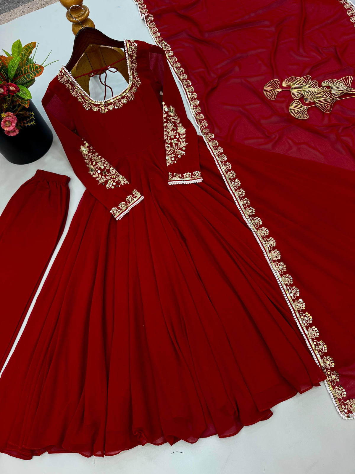 Ruby Red Fox Georgette Embroidered Anarkali Gown Set with Dupatta