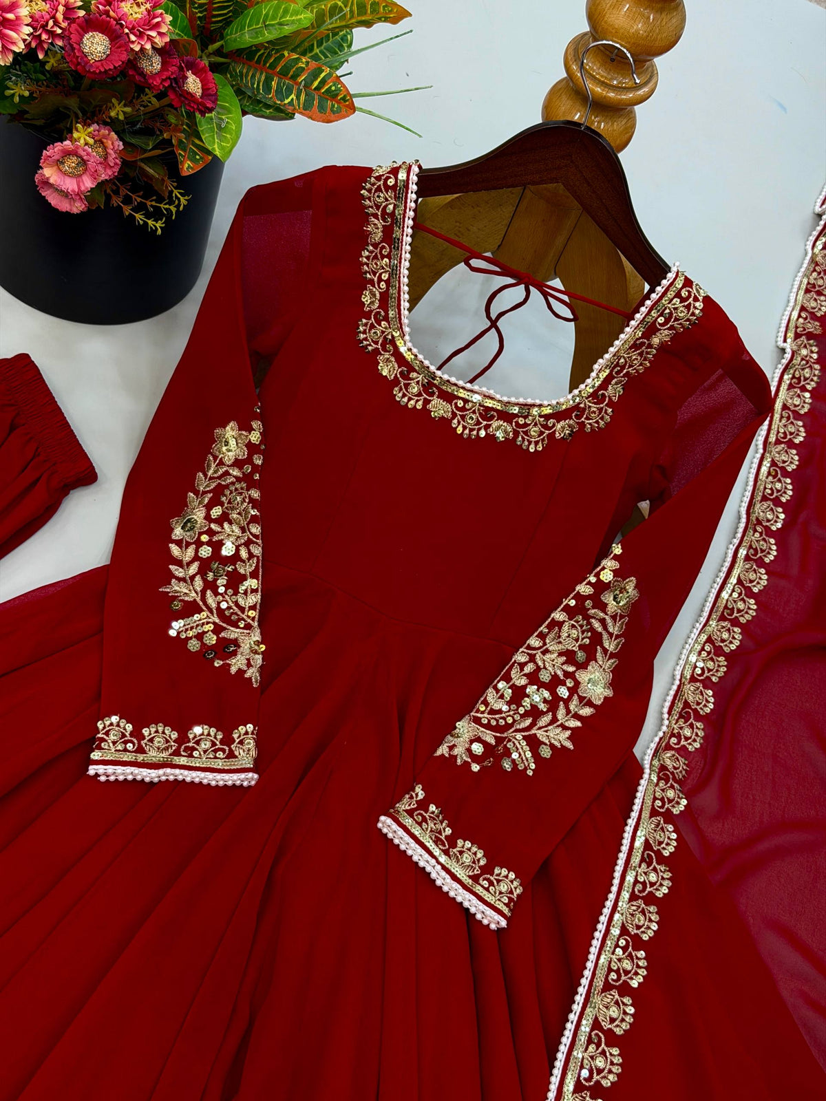Ruby Red Fox Georgette Embroidered Anarkali Gown Set with Dupatta