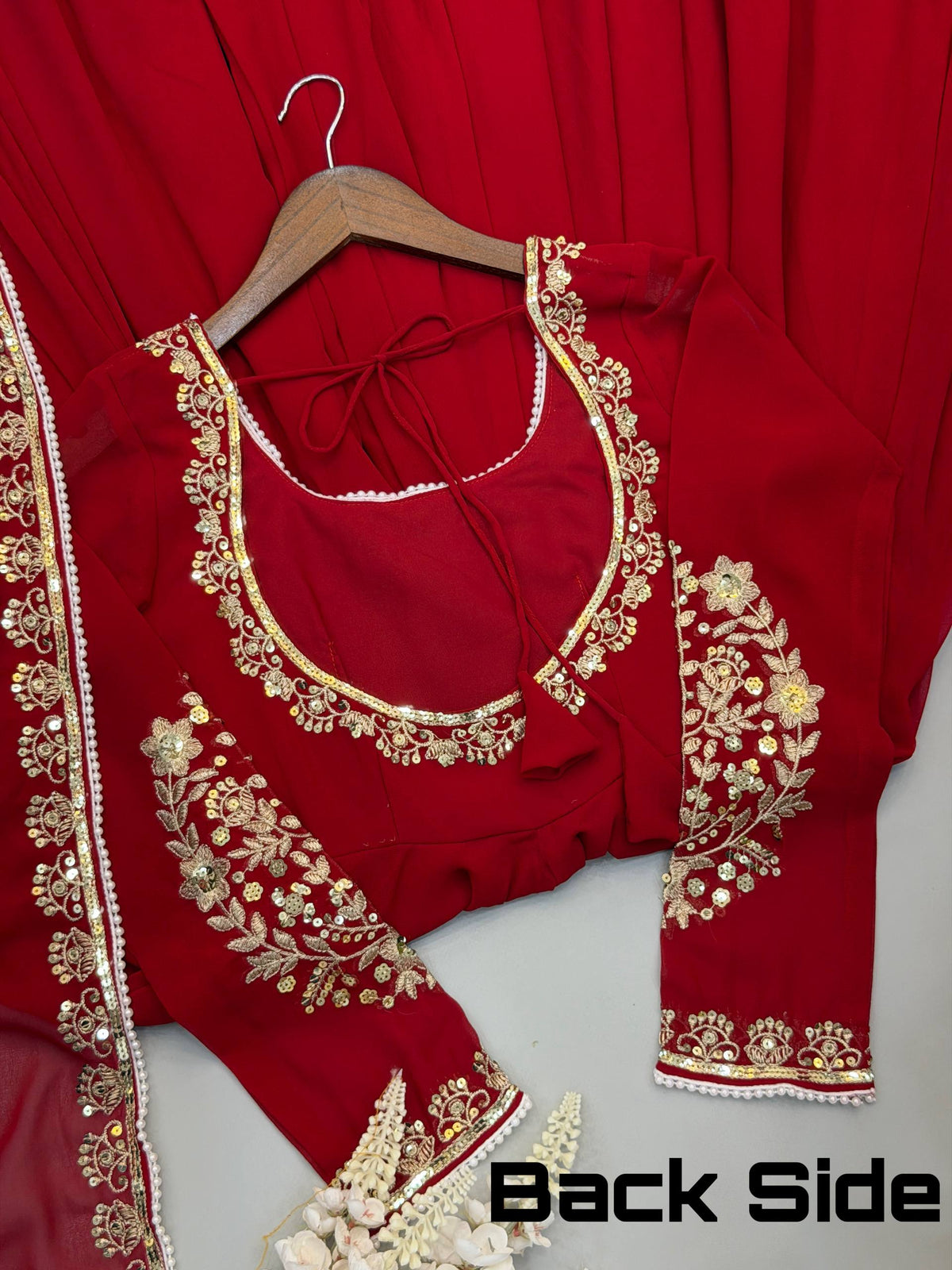 Ruby Red Fox Georgette Embroidered Anarkali Gown Set with Dupatta