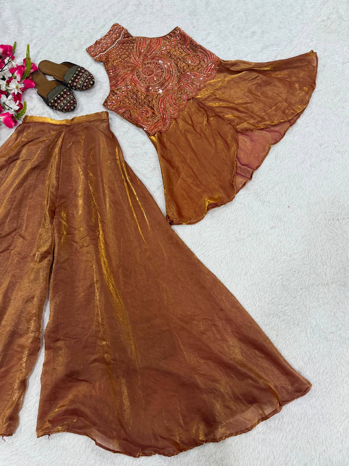 Rust Copper Heavy Fandy Silk Handwork Sharara Plazzo Set