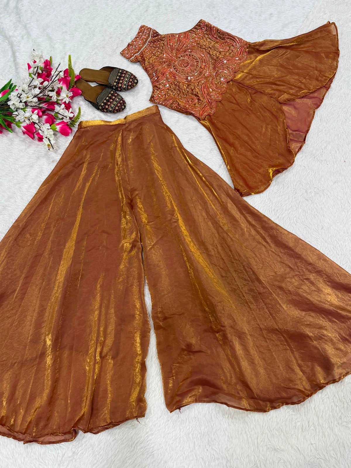 Rust Copper Heavy Fandy Silk Handwork Sharara Plazzo Set