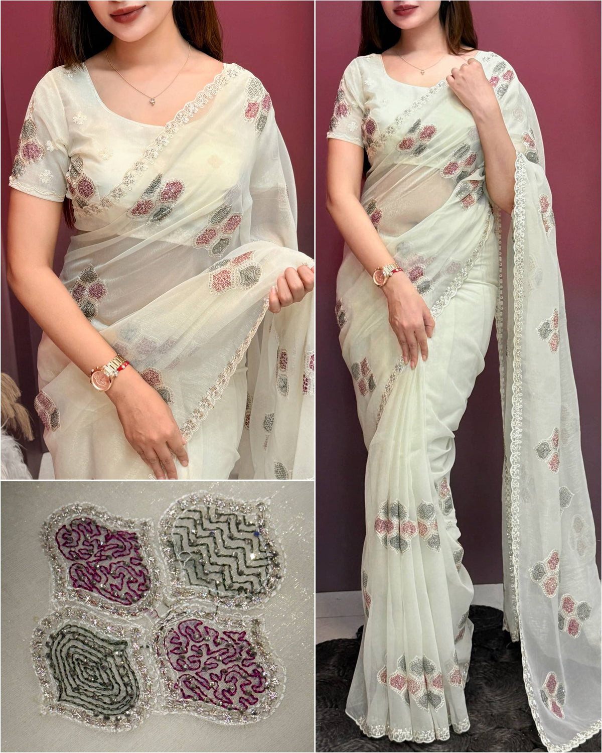 Ivory White Melbourne Shimmer Silk Kashmiri Embroidered Saree with Swarovski Work