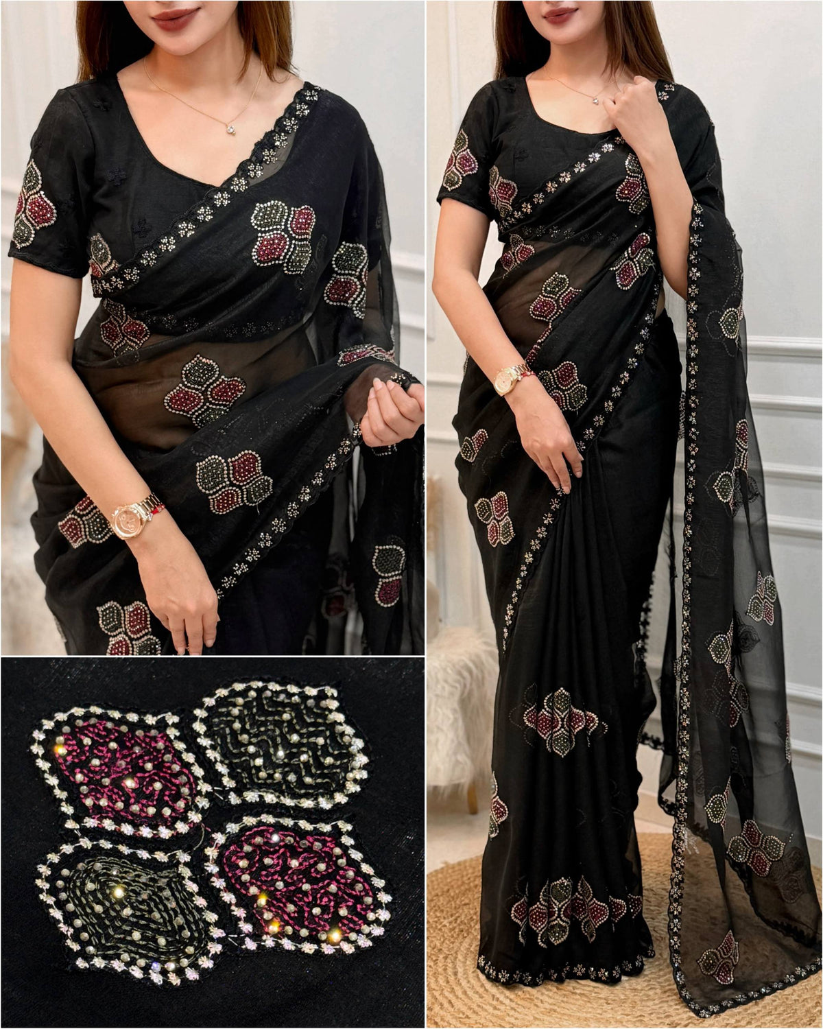 Black Melbourne Shimmer Silk Kashmiri Embroidered Saree with Swarovski Work