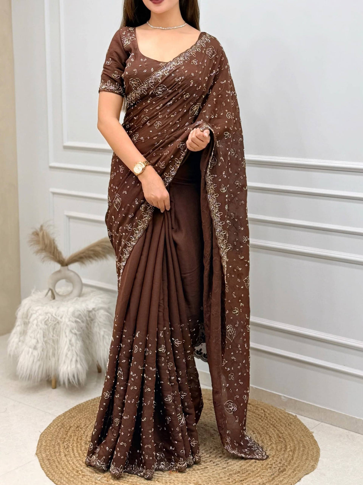 Chocolate Brown Fendy Satin Sequins Beads Embroidered Saree with Blouse