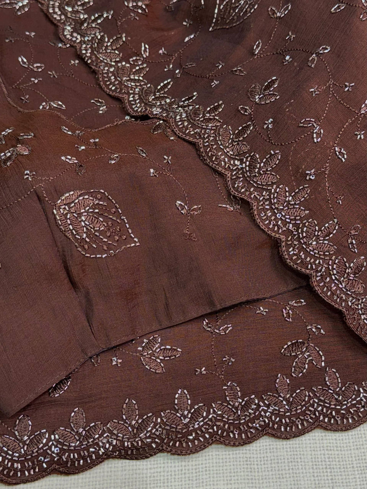 Chocolate Brown Fendy Satin Sequins Beads Embroidered Saree with Blouse