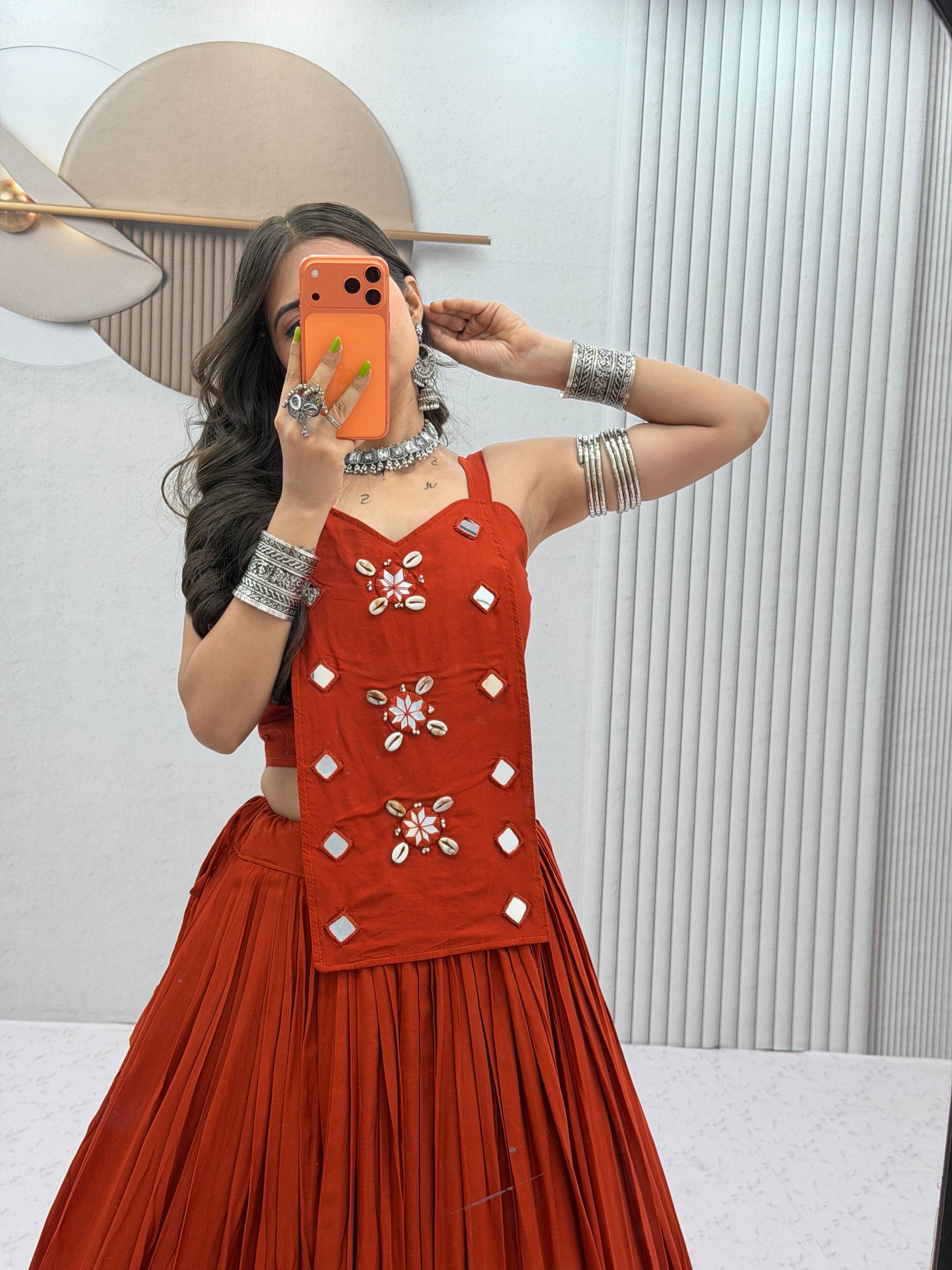 Rust Red Pure Cotton Mirror Work Lehenga Choli Set with 6+ Meter Flair