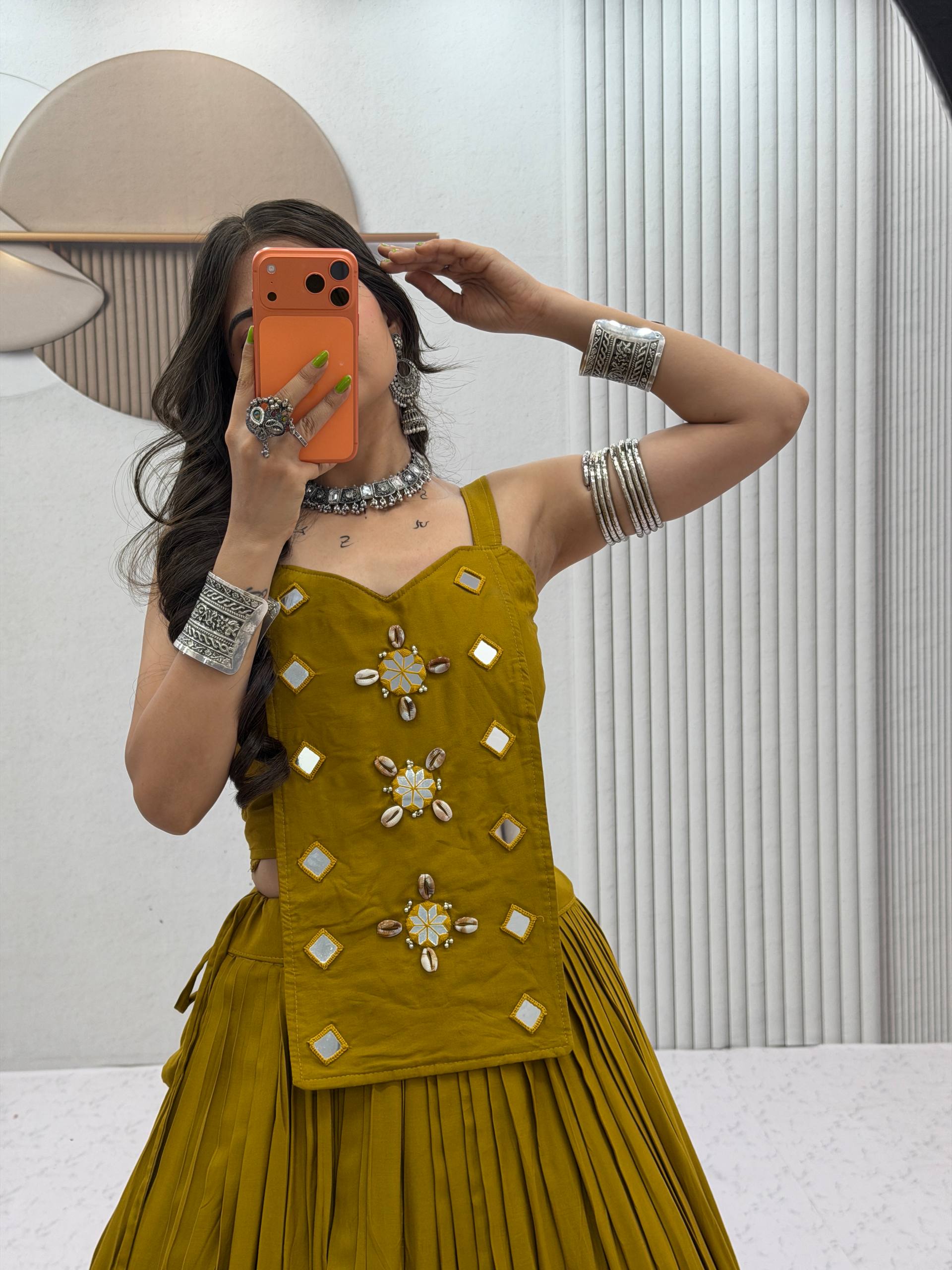 Mustard Yellow Pure Cotton Mirror Work Lehenga Choli Set with 6+ Meter Flair