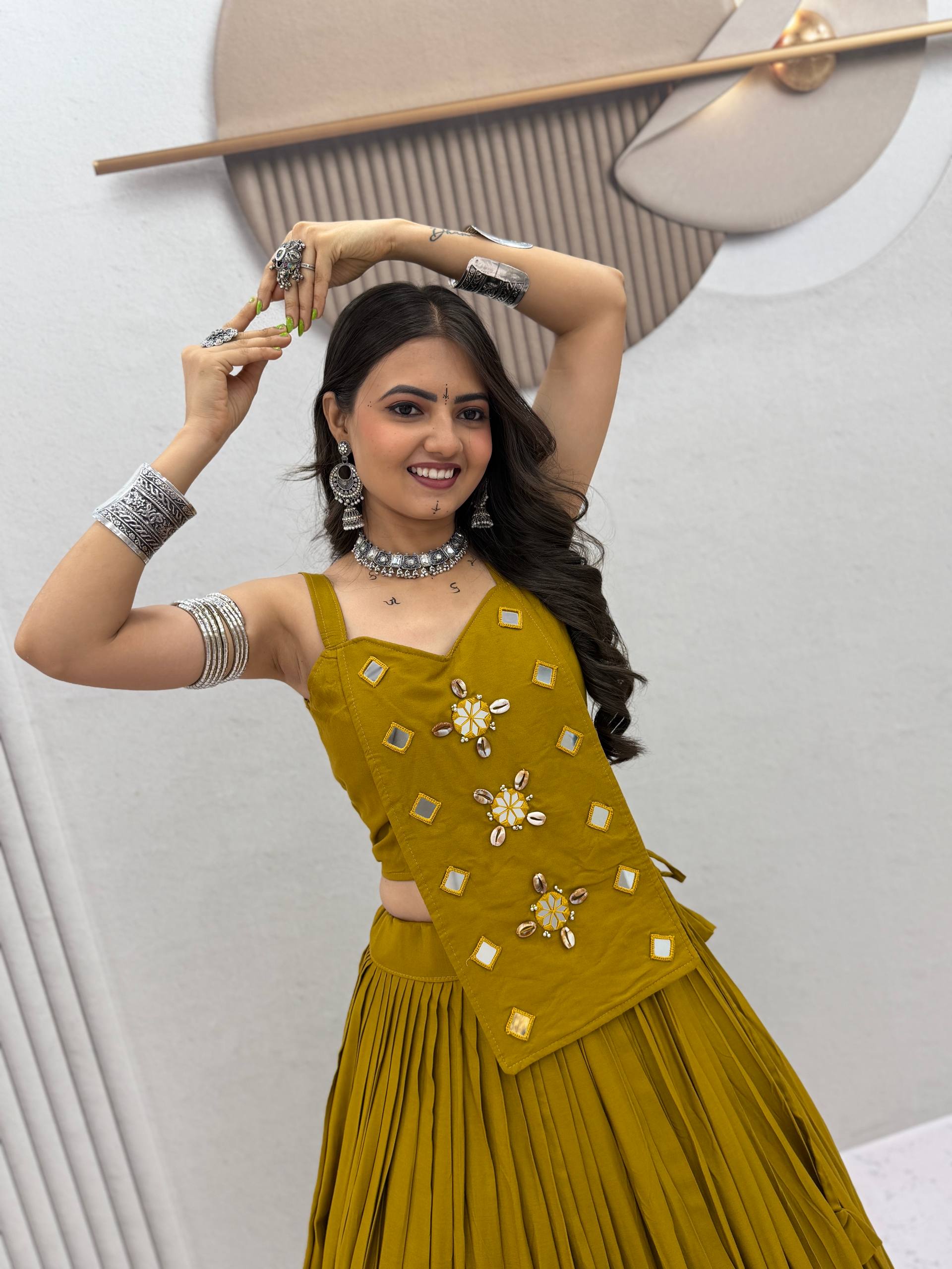 Mustard Yellow Pure Cotton Mirror Work Lehenga Choli Set with 6+ Meter Flair
