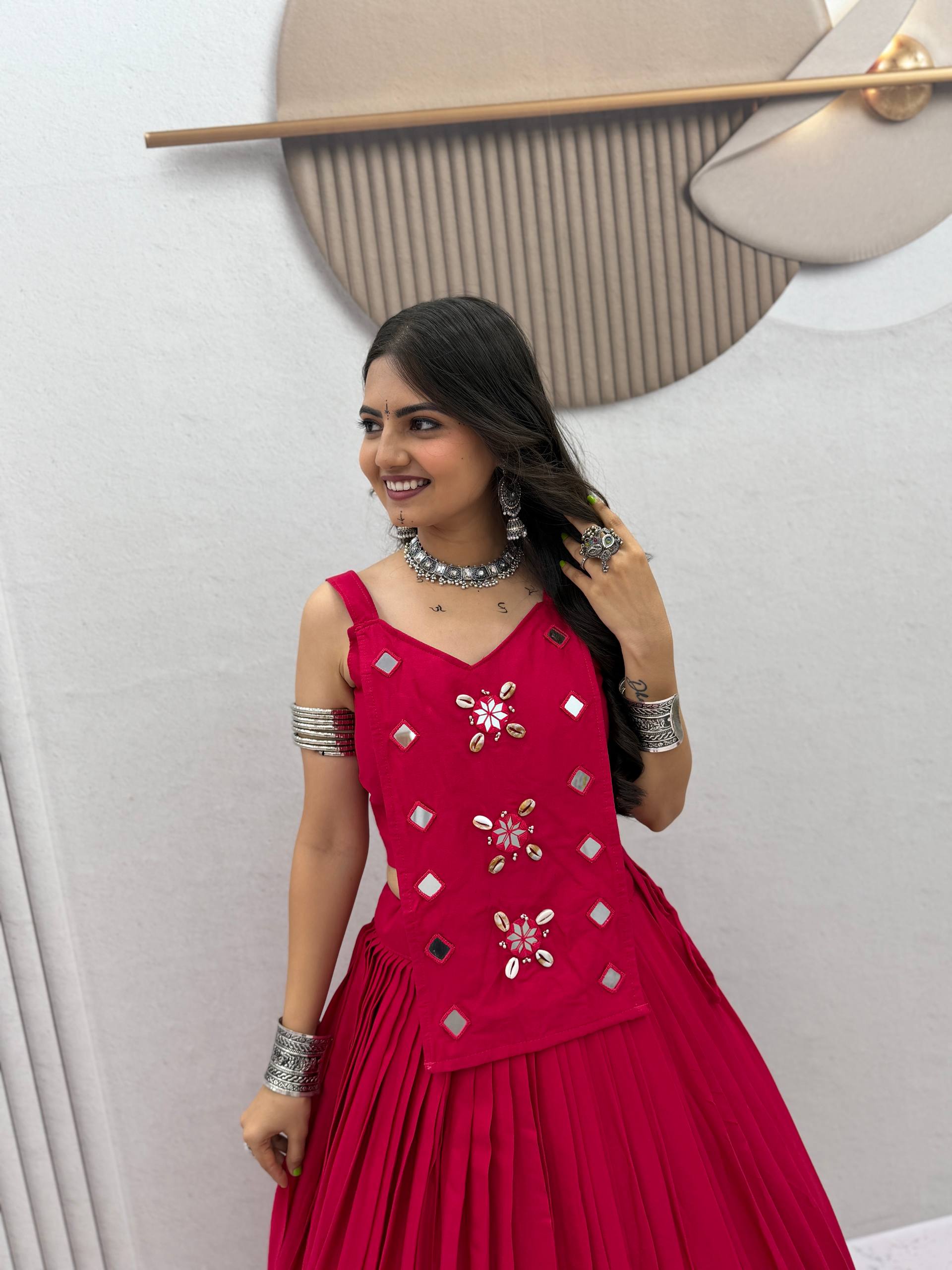 Hot Pink Pure Cotton Mirror Work Lehenga Choli Set with 6+ Meter Flair