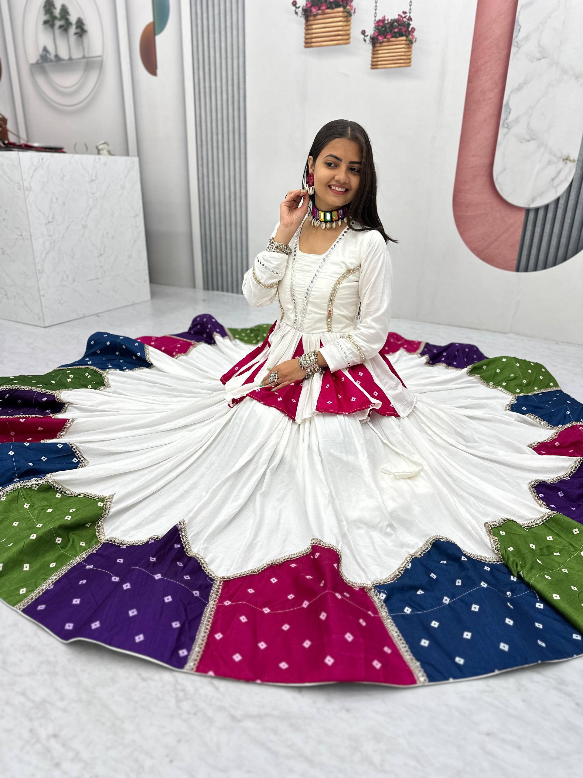 White Multicolor Pure Cotton 6 Meter Flair Kediyu Lehenga Set