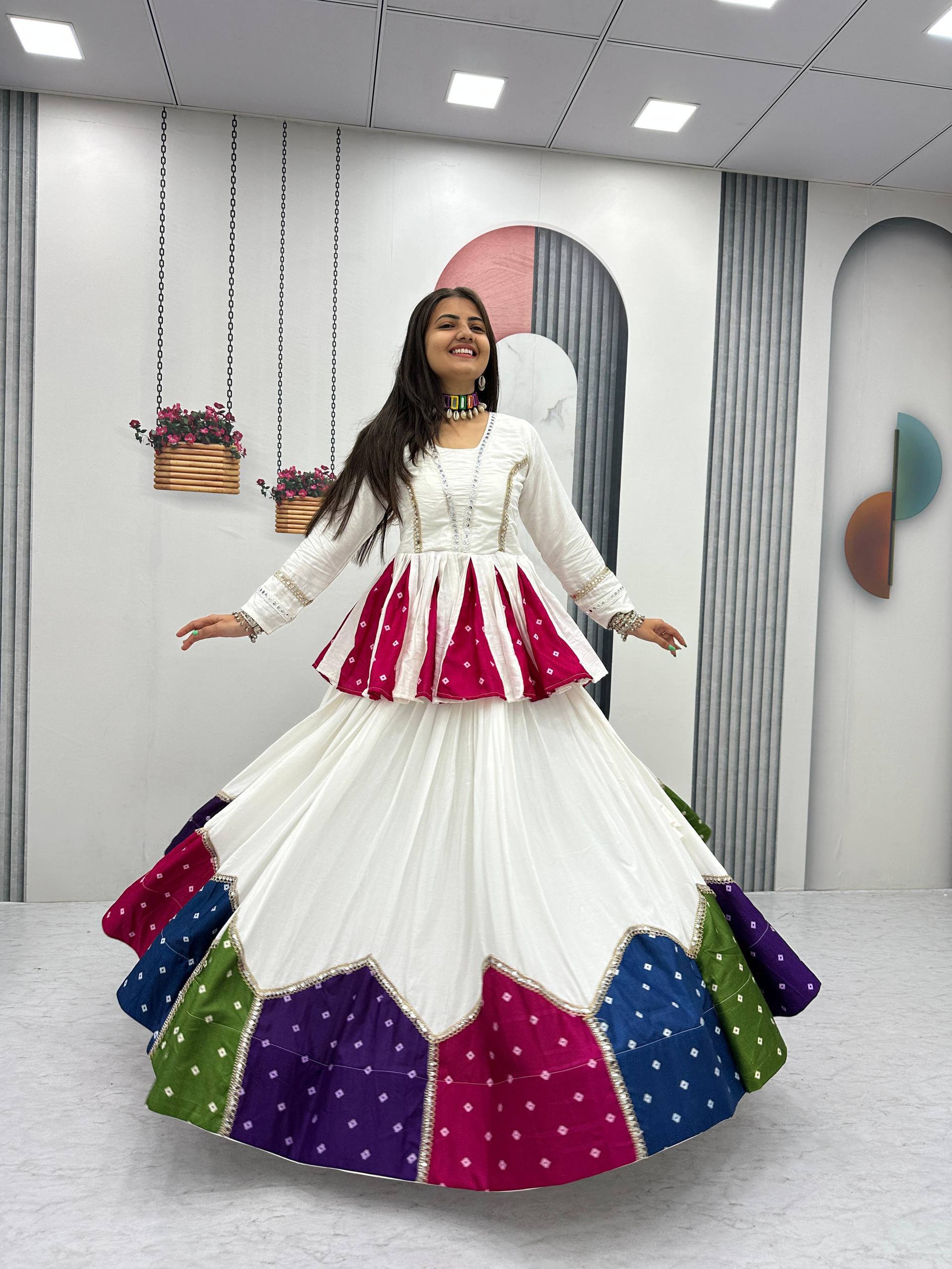 White Multicolor Pure Cotton 6 Meter Flair Kediyu Lehenga Set
