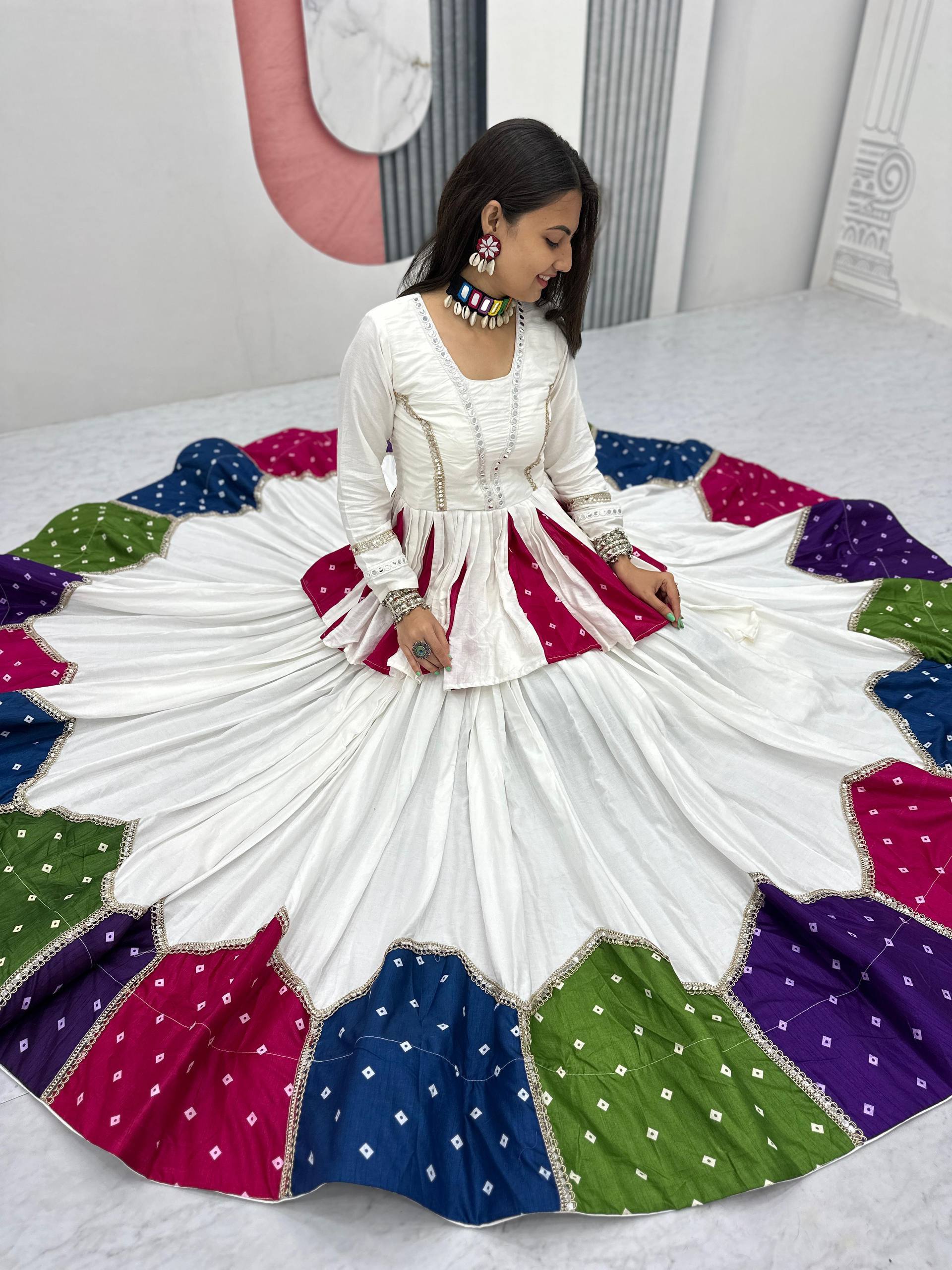 White Multicolor Pure Cotton 6 Meter Flair Kediyu Lehenga Set