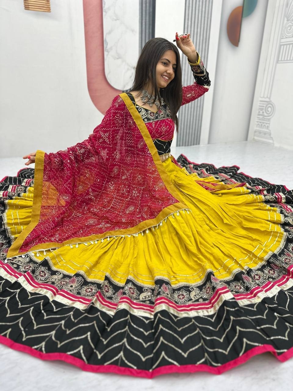 Mustard Yellow, Black & Rani Pink Riyon Cotton Navratri Lehenga Choli with Embroidered Dupatta