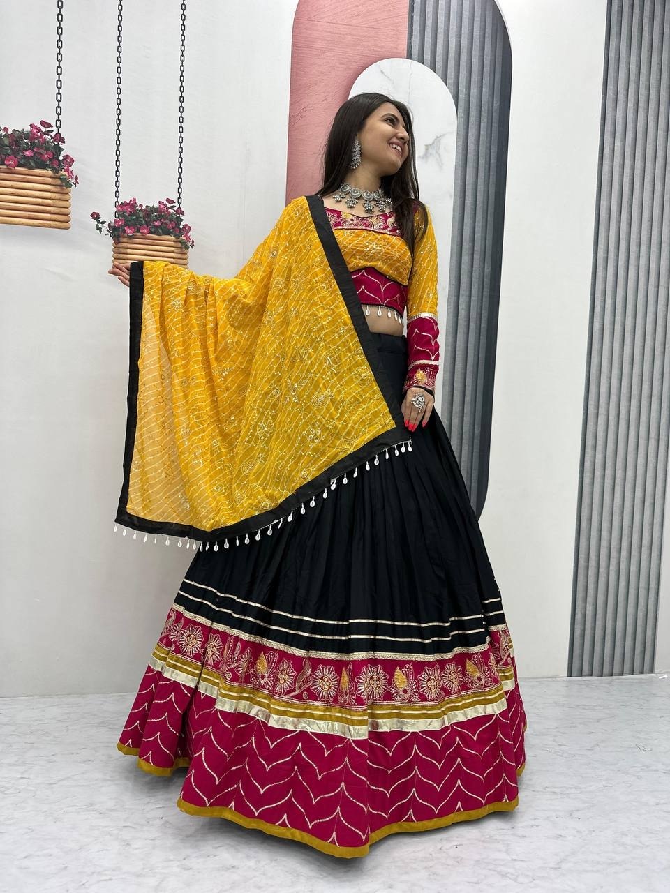 Black, Mustard Yellow & Wine Riyon Cotton Navratri Lehenga Choli with Embroidered Dupatta