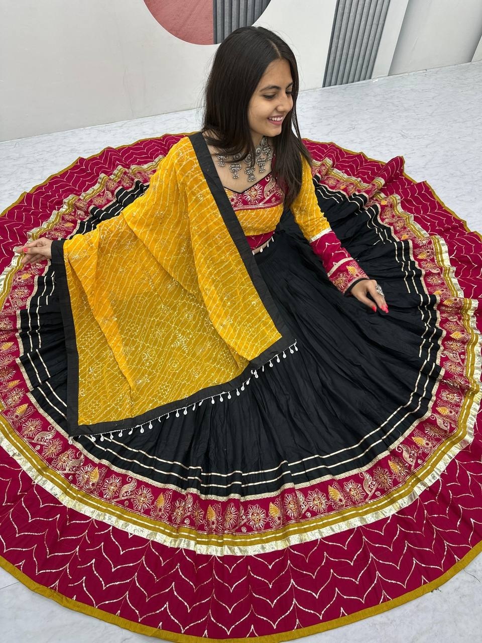 Black, Mustard Yellow & Wine Riyon Cotton Navratri Lehenga Choli with Embroidered Dupatta