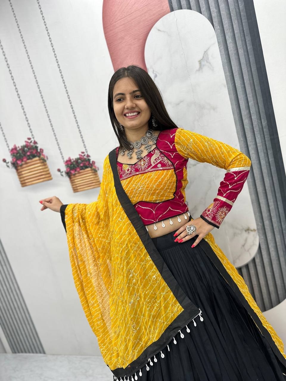 Black, Mustard Yellow & Wine Riyon Cotton Navratri Lehenga Choli with Embroidered Dupatta
