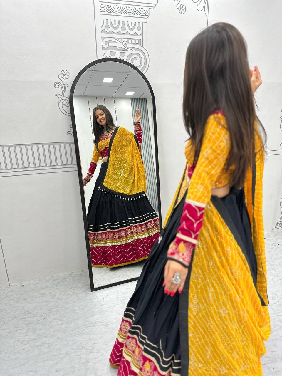 Black, Mustard Yellow & Wine Riyon Cotton Navratri Lehenga Choli with Embroidered Dupatta