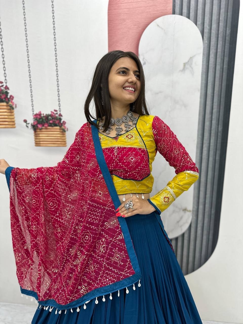 Royal Blue, Mustard Yellow & Rani Pink Riyon Cotton Navratri Lehenga Choli with Embroidered Dupatta