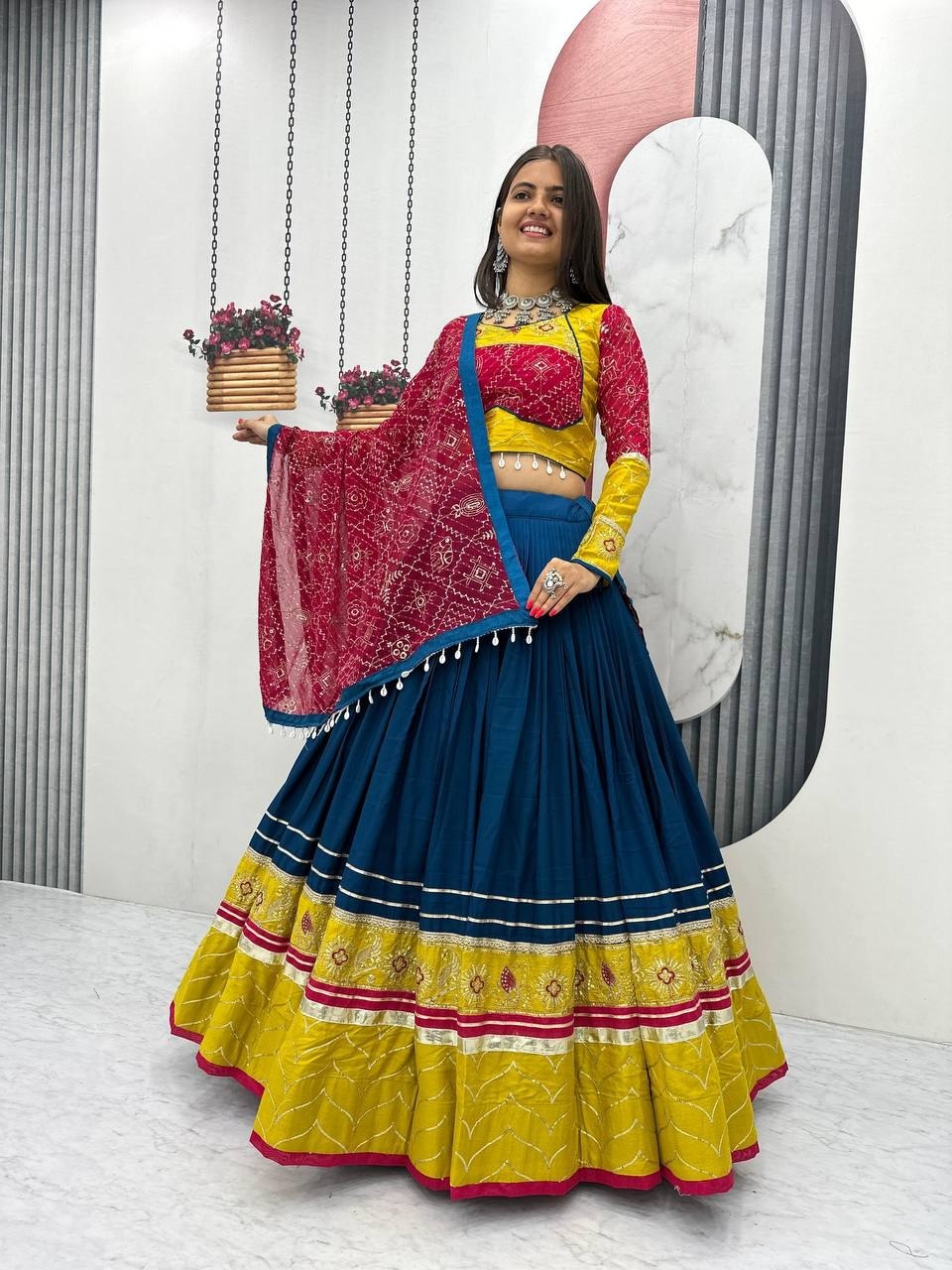 Royal Blue, Mustard Yellow & Rani Pink Riyon Cotton Navratri Lehenga Choli with Embroidered Dupatta