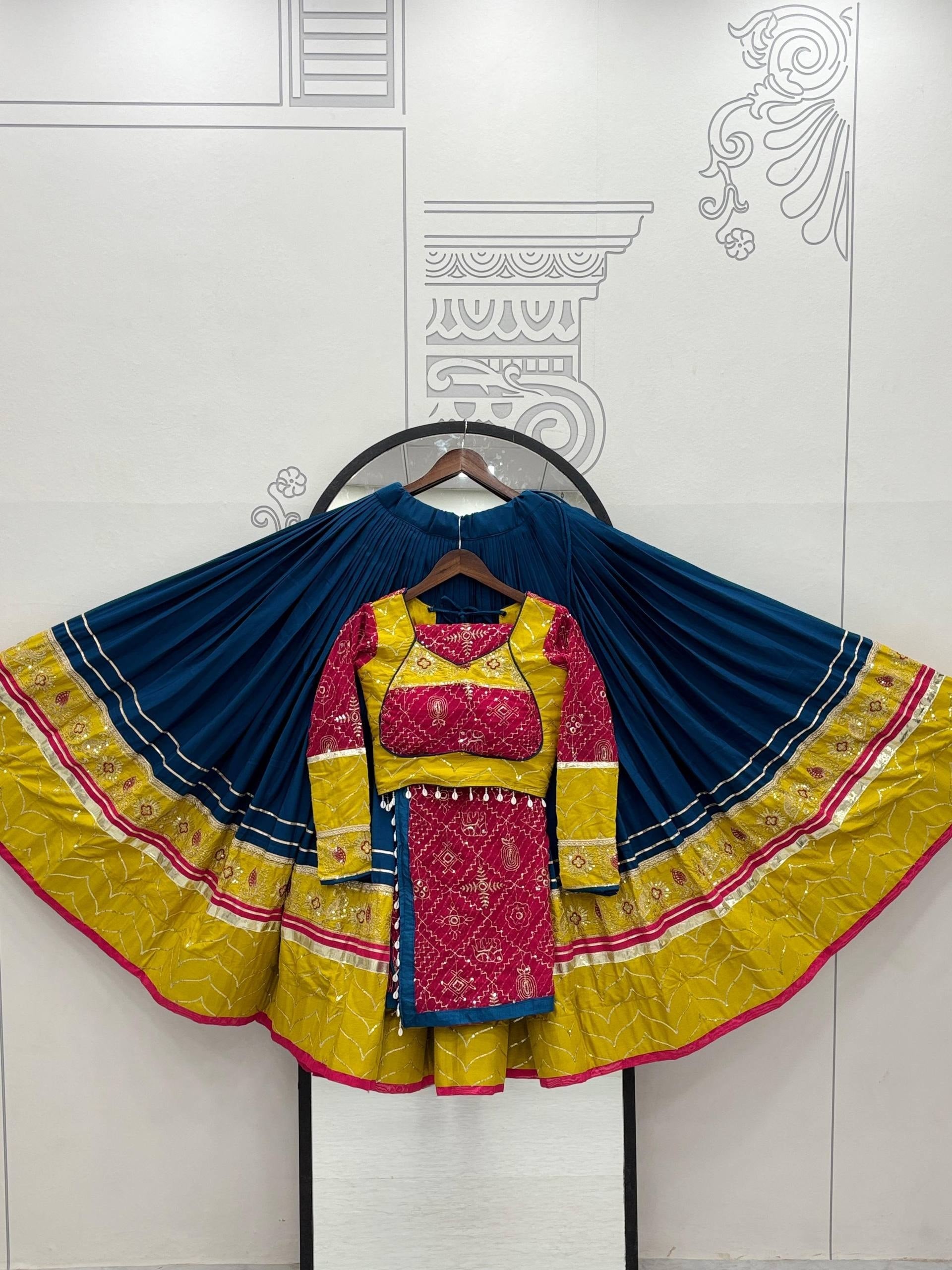 Royal Blue, Mustard Yellow & Rani Pink Riyon Cotton Navratri Lehenga Choli with Embroidered Dupatta