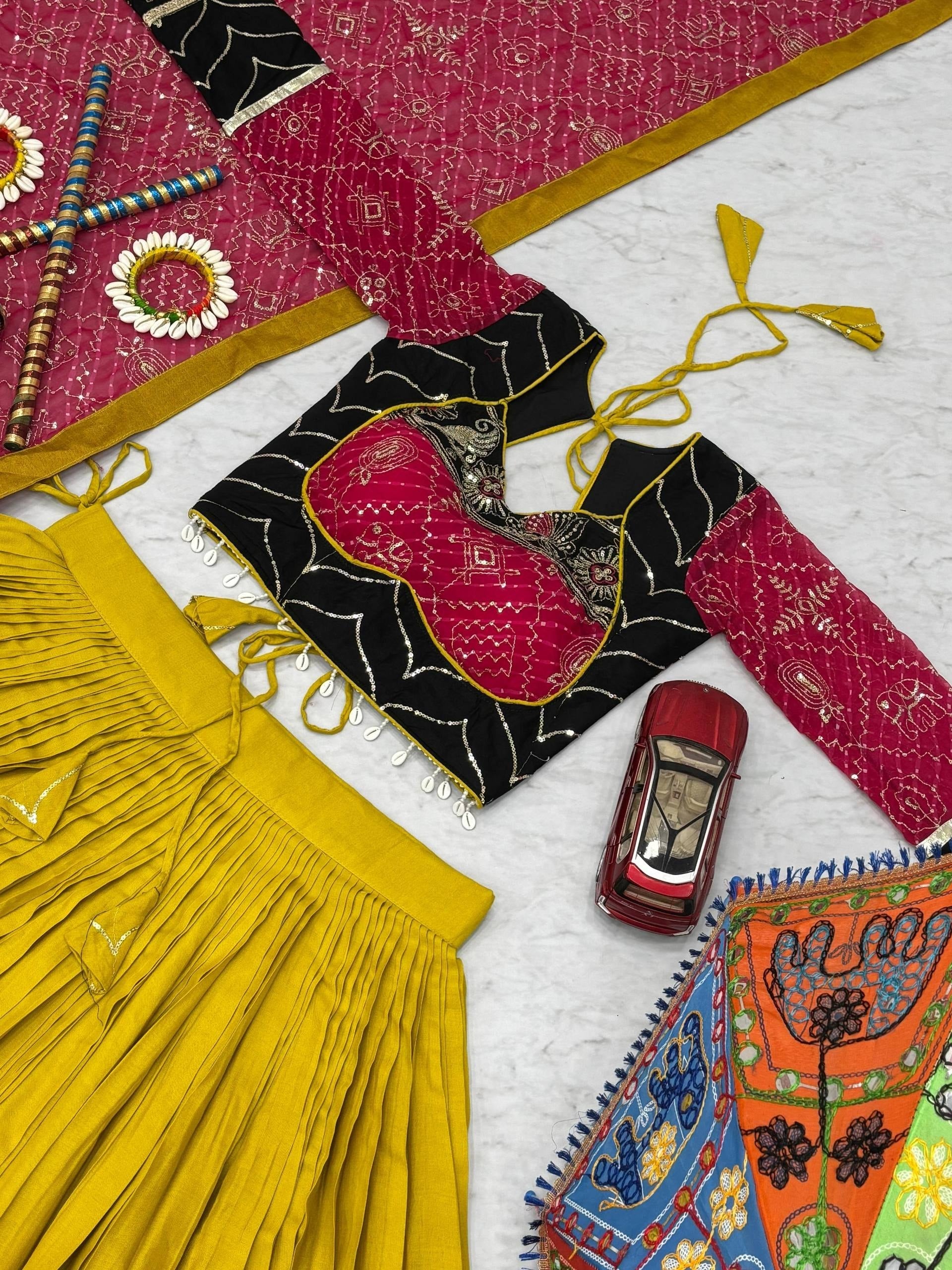 Mustard Yellow, Black & Rani Pink Riyon Cotton Navratri Lehenga Choli with Embroidered Dupatta