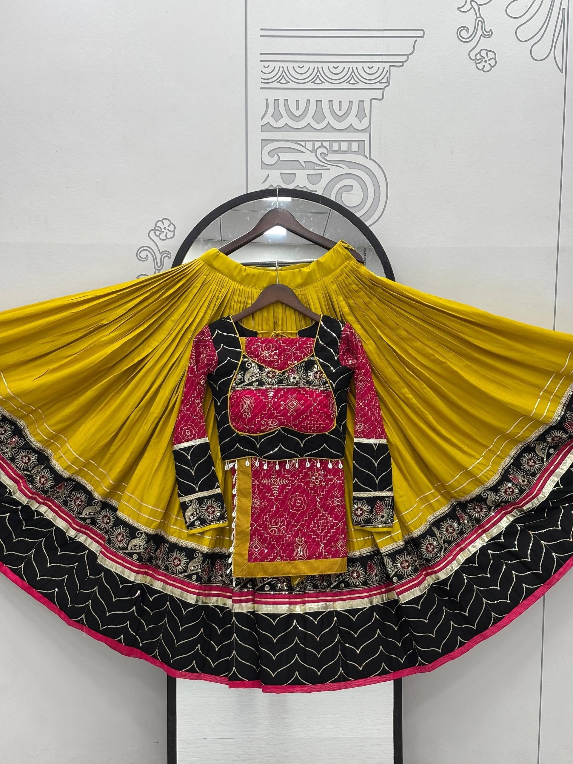 Mustard Yellow, Black & Rani Pink Riyon Cotton Navratri Lehenga Choli with Embroidered Dupatta
