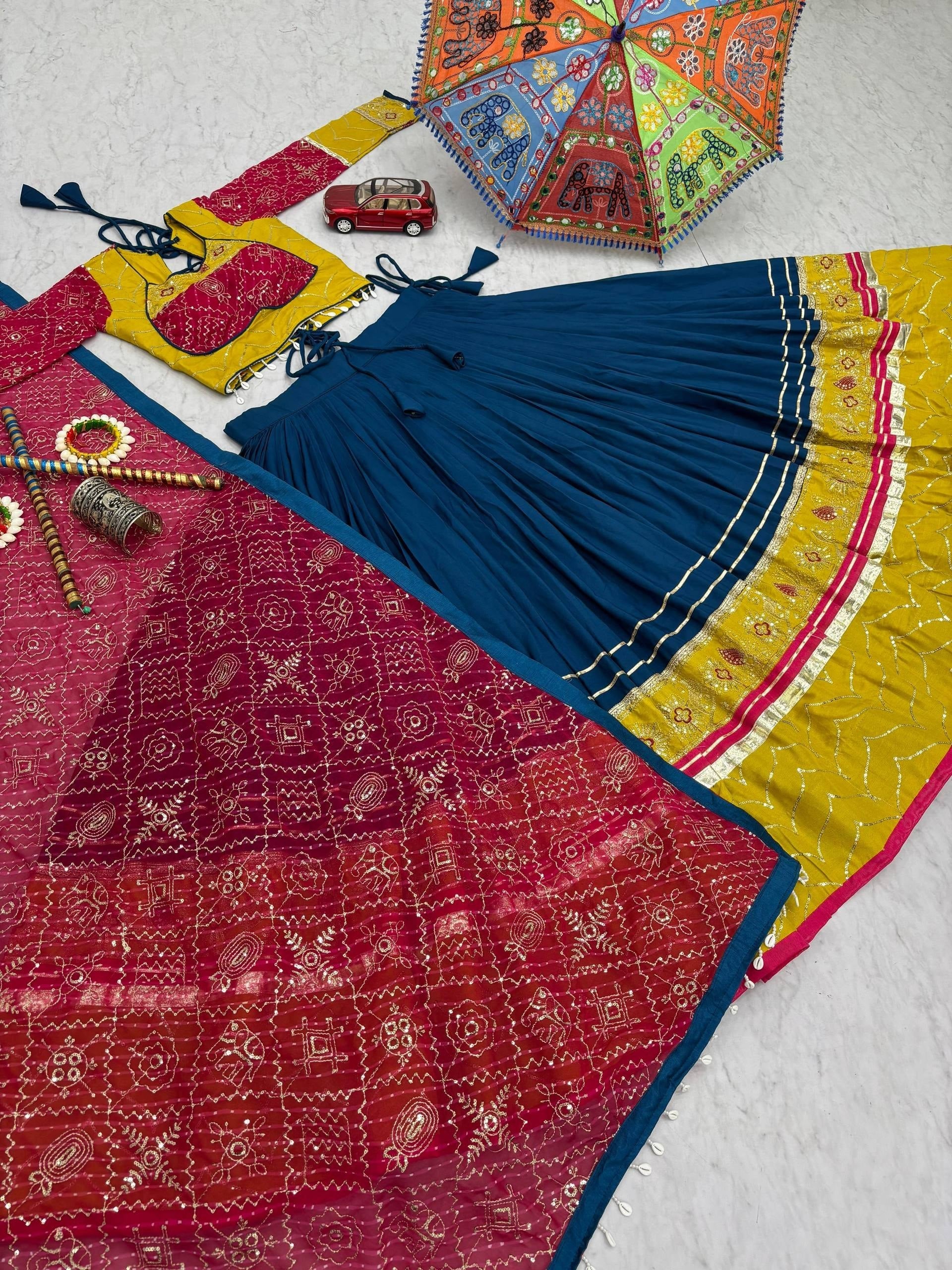 Royal Blue, Mustard Yellow & Rani Pink Riyon Cotton Navratri Lehenga Choli with Embroidered Dupatta