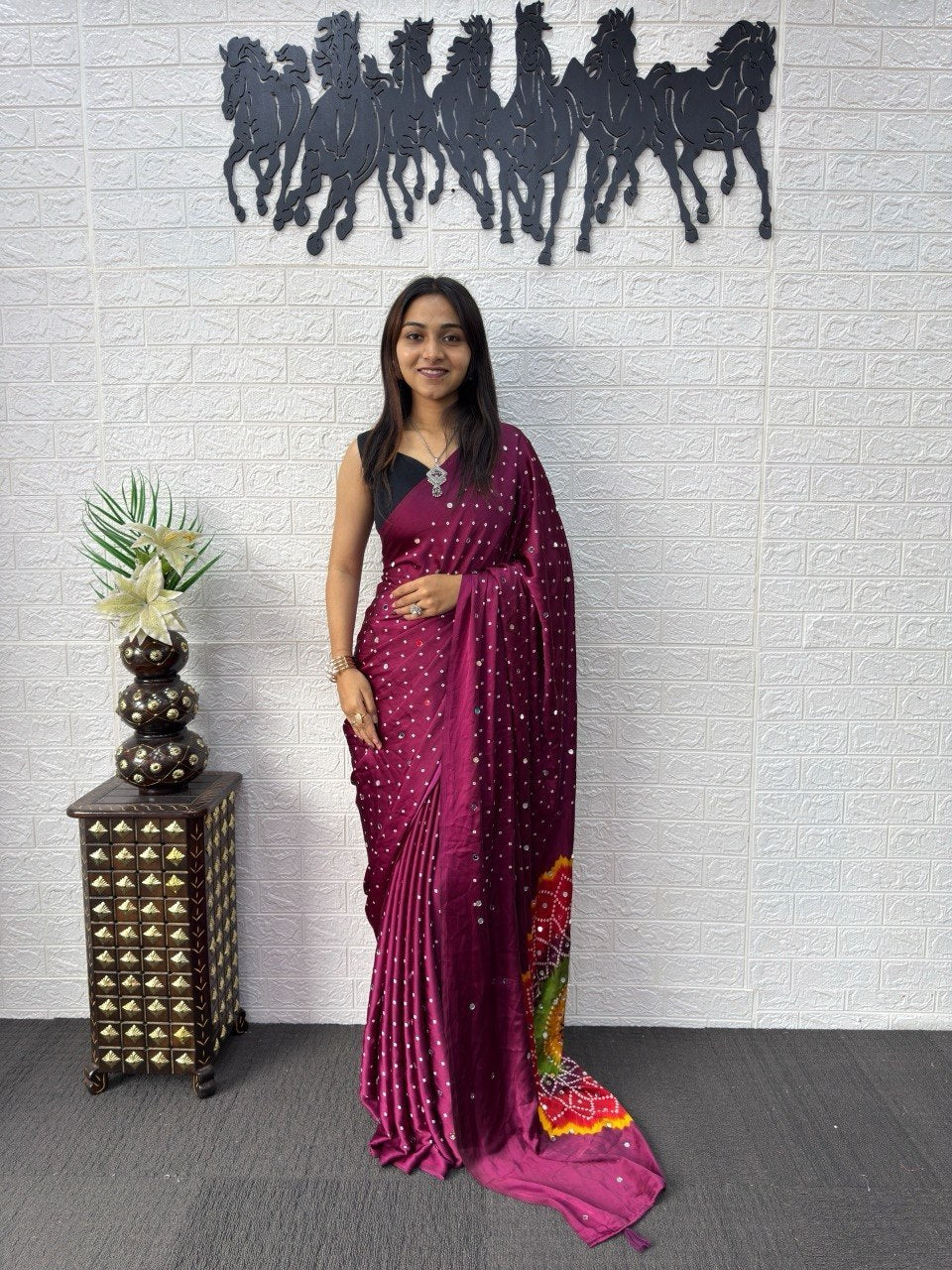 Wine Purple Japan Satin Printed Saree with Real Mirror Work & Mandala Border