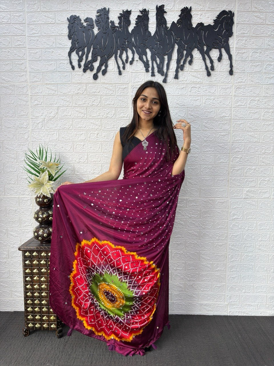 Wine Purple Japan Satin Printed Saree with Real Mirror Work & Mandala Border