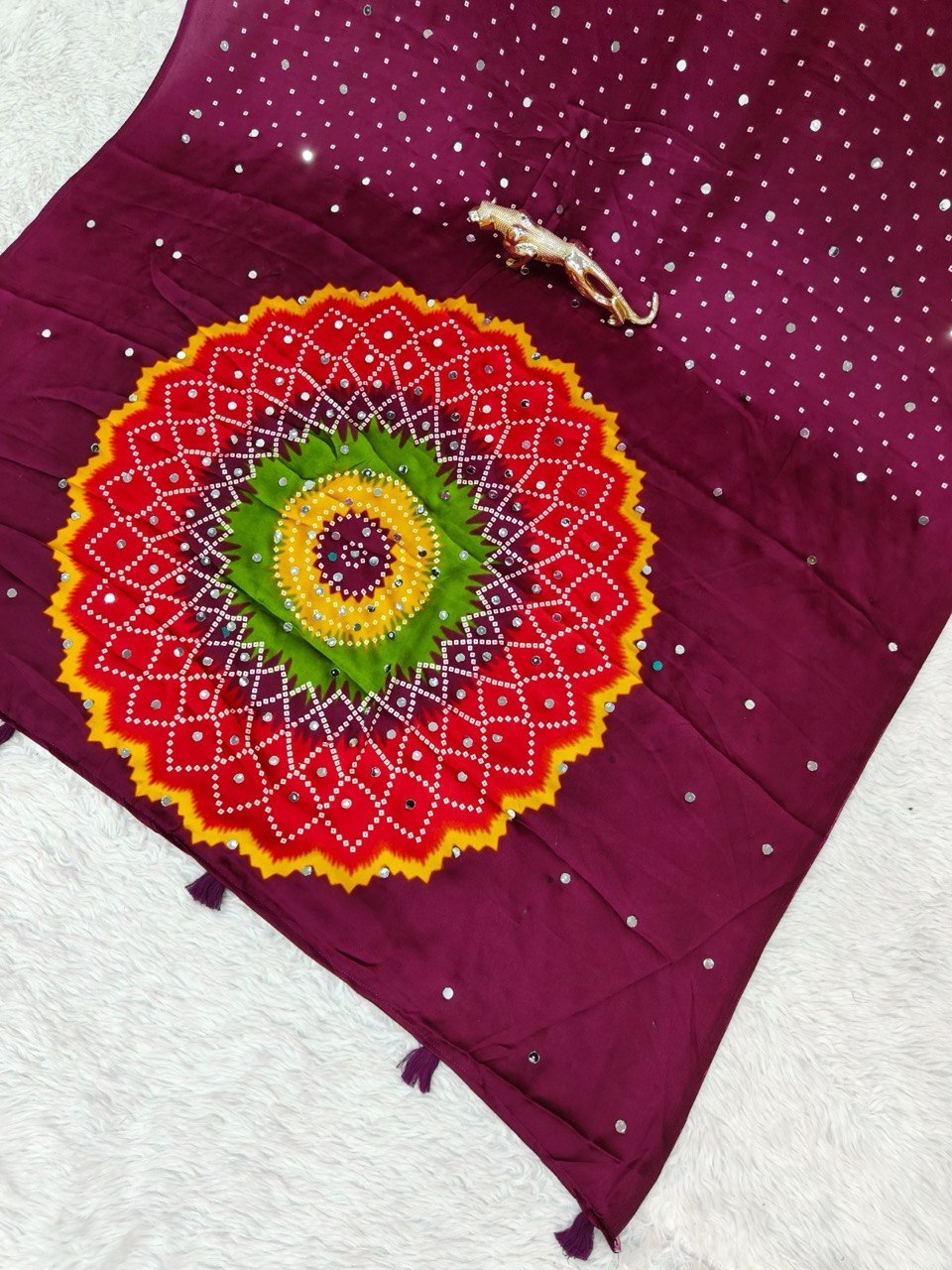 Wine Purple Japan Satin Printed Saree with Real Mirror Work & Mandala Border