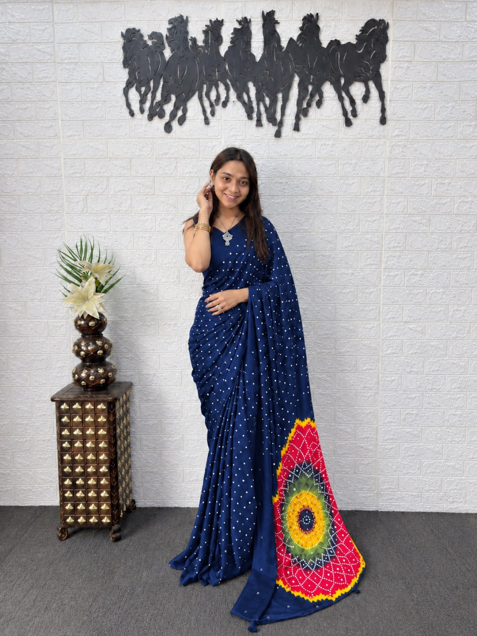 Navy Blue Japan Satin Printed Saree with Real Mirror Work & Mandala Border