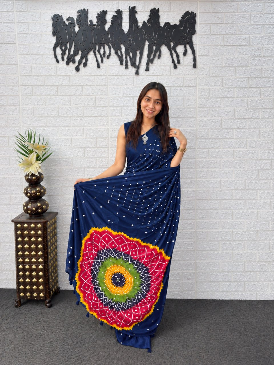 Navy Blue Japan Satin Printed Saree with Real Mirror Work & Mandala Border