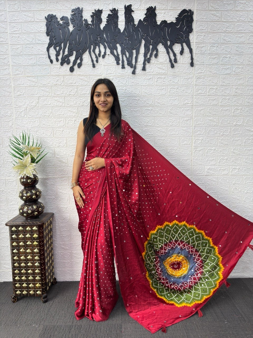 Red Japan Satin Mirror Work Saree with Multicolor Mandala Design