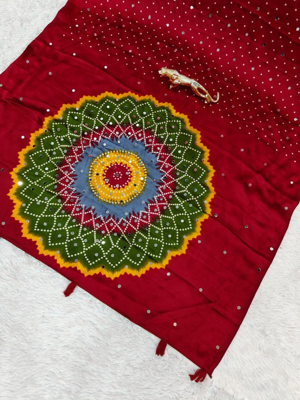 Red Japan Satin Mirror Work Saree with Multicolor Mandala Design