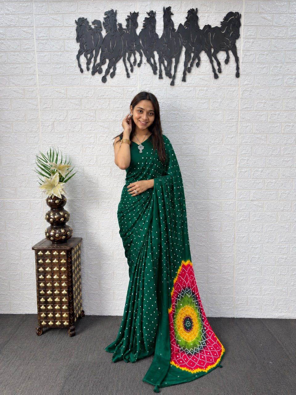 Bottle Green Japan Satin Mirror Work Saree with Multicolor Mandala Design