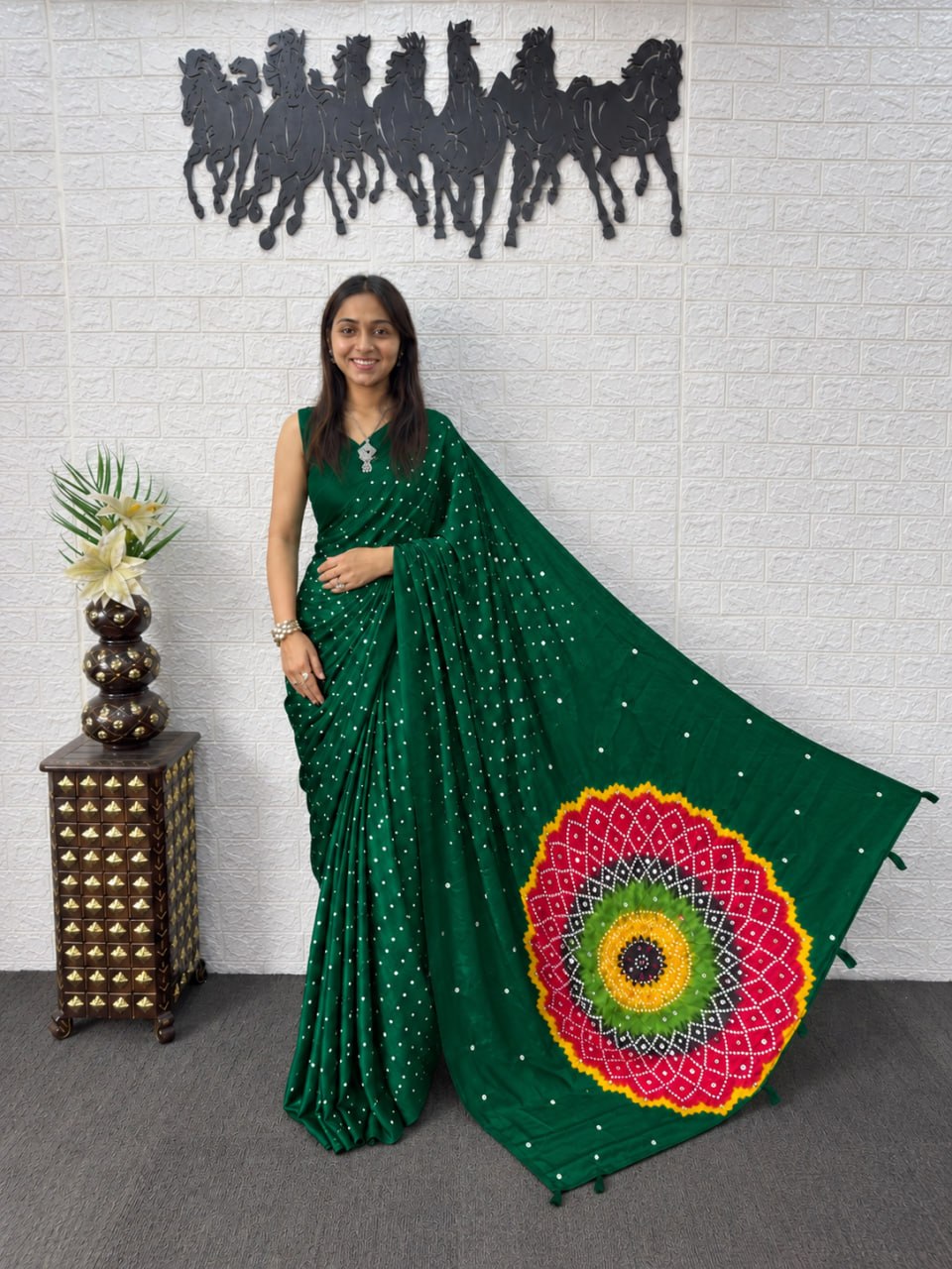 Bottle Green Japan Satin Mirror Work Saree with Multicolor Mandala Design