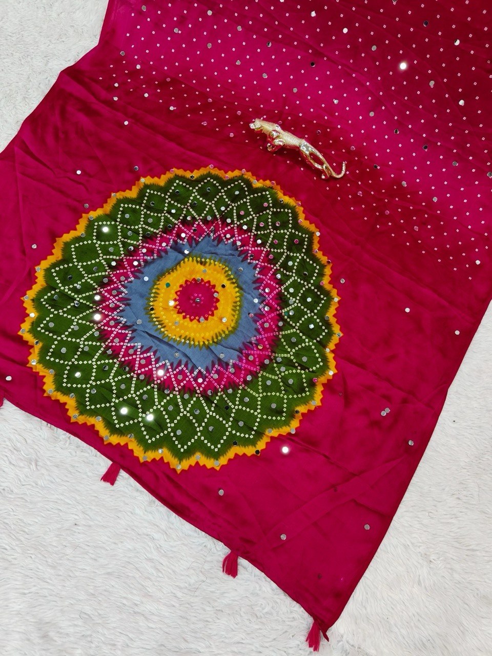 Fuchsia Pink Japan Satin Mirror Work Saree with Multicolor Mandala Design