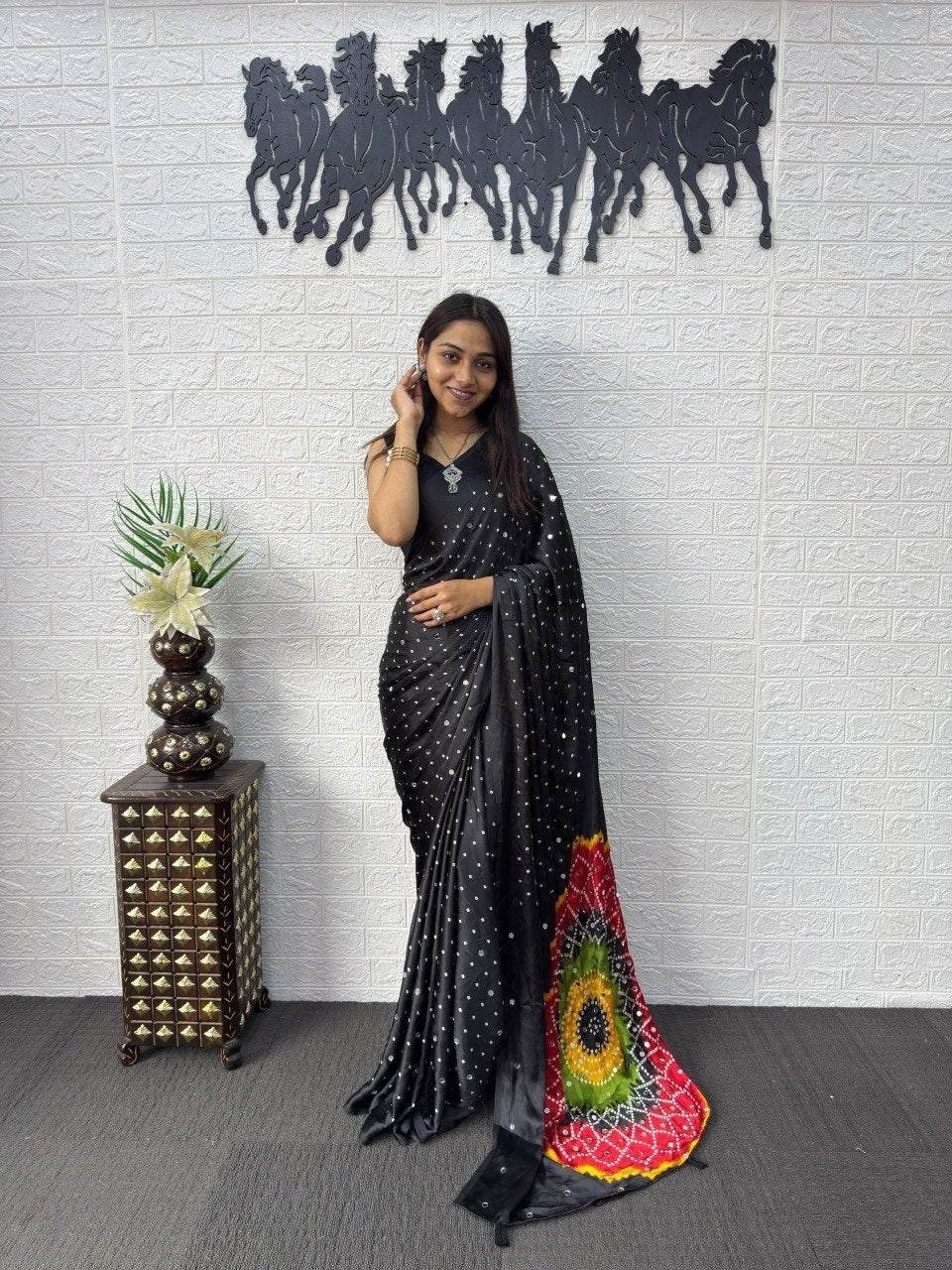 Black Japan Satin Mirror Work Saree with Multicolor Mandala Design