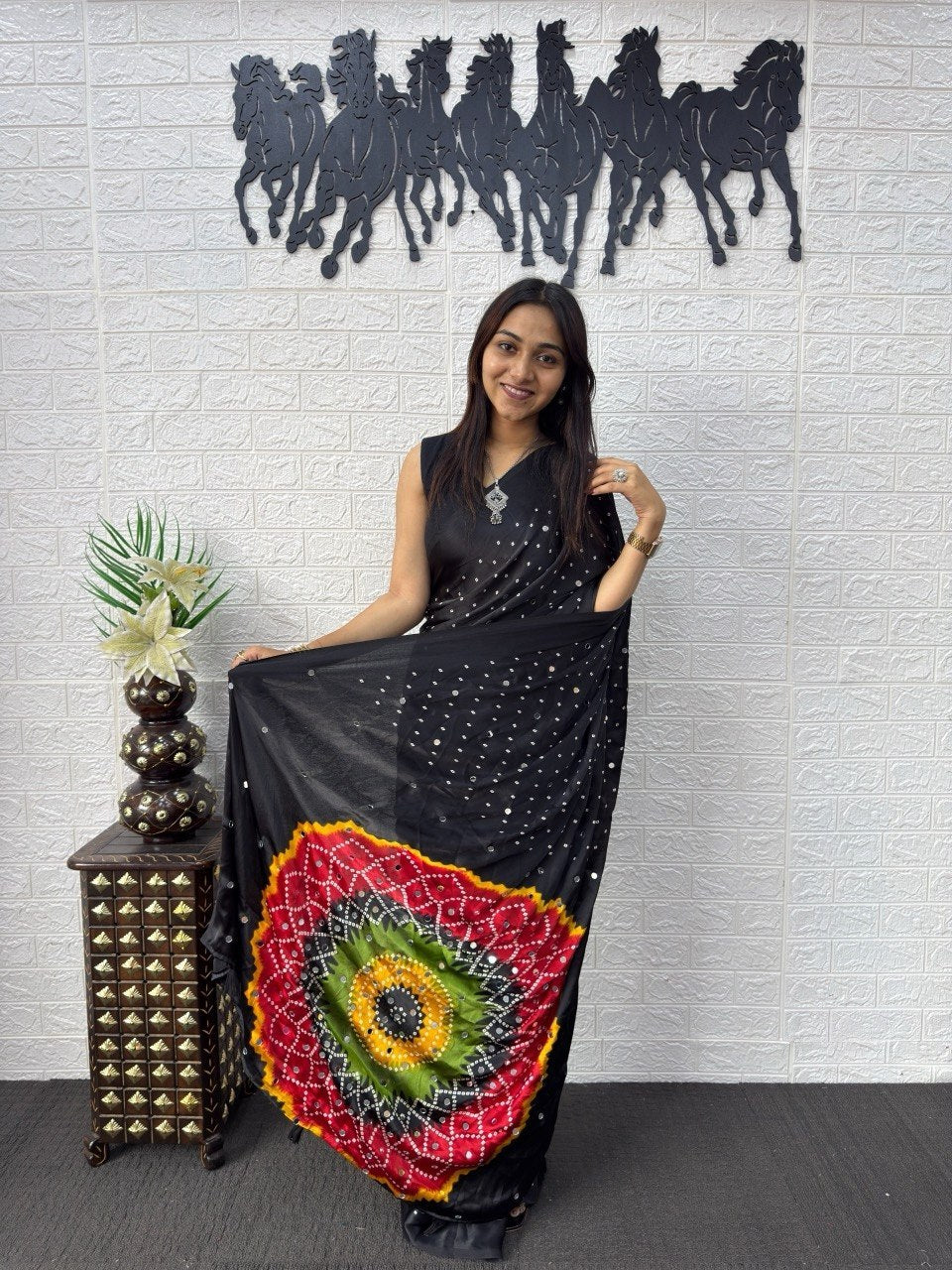 Black Japan Satin Mirror Work Saree with Multicolor Mandala Design