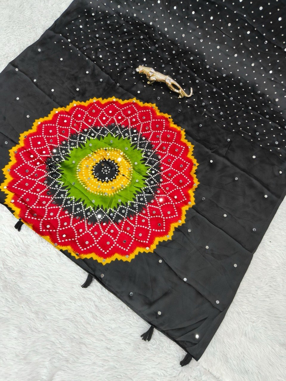 Black Japan Satin Mirror Work Saree with Multicolor Mandala Design